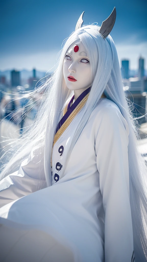 1girl, otsutsuki kaguya in anime naruto shippuden, long hair, white hair, white eyes, byakugan eyes, beautifull, white clothes, city background, ultra detail, realistic, red lips