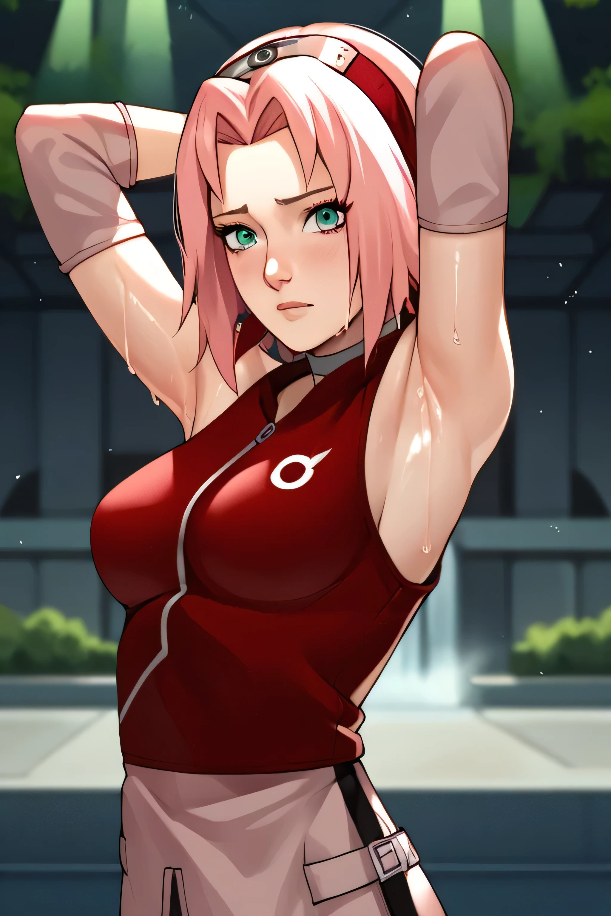 score_9,score_8_up,score_7_up,score_6_up,score_5_up,score_4_up BREAK skinny,choker,medium breasts,detached sleeves,outdoors,forest,shiny skin,bokeh,bloom,indoors,light particles,castle,space,1girl,haruno sakura,pink hair,short,hair,green eyes,forehead protector,armpits,arms up,armpit,sweaty armpit,arms behind head,awesome armpits,sweat,sweaty,exhausted,exhaustion