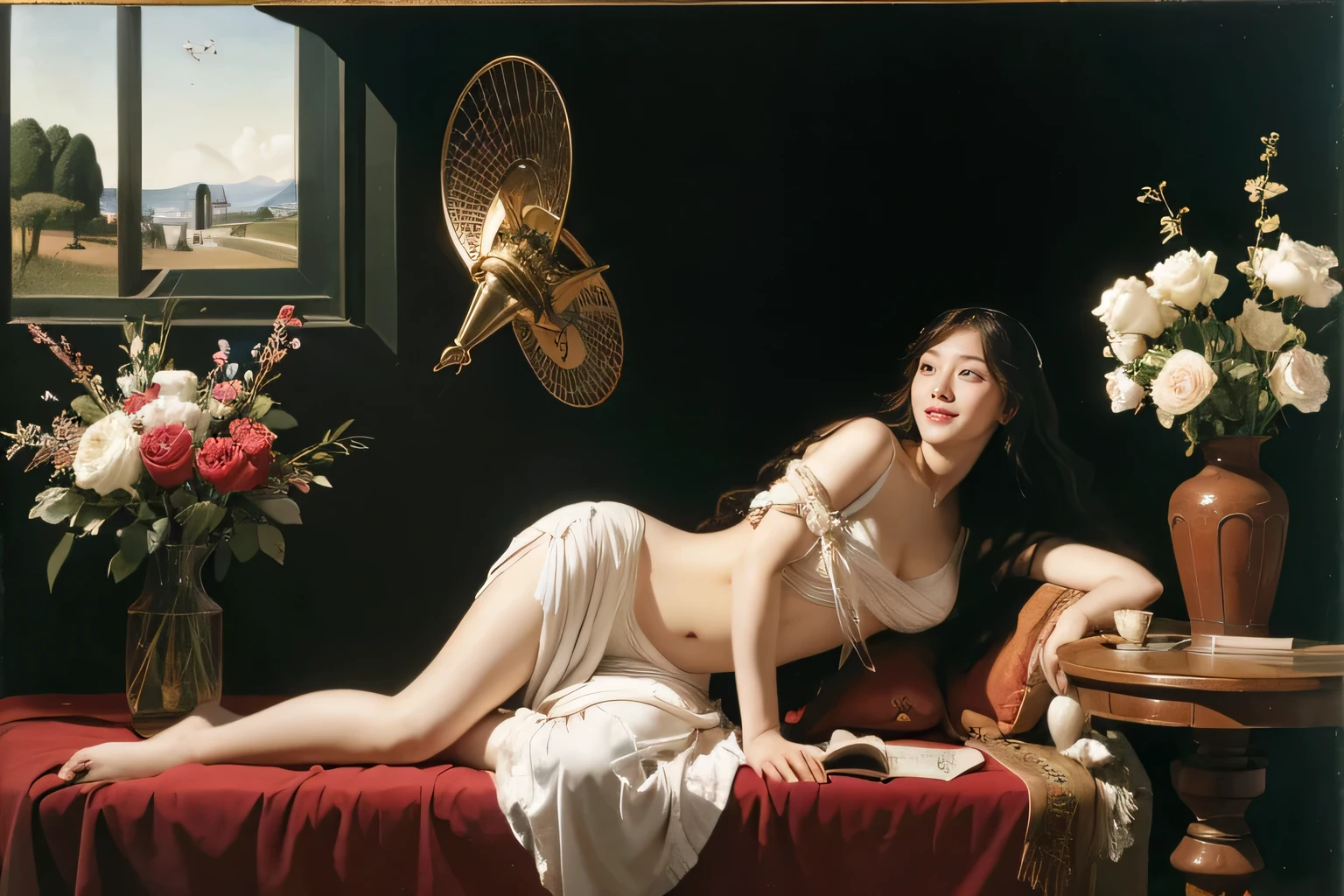 Female angel with two white wing,full body portrait or statue、Sandro Botticelli painting style,Arguments of two female Philosophe,math、astronomical machine、astronaut、roses in vase、fruits、Cute trinkets、smile、ancient greek costume、Ancient Roman landscape in the style of Nicolas Poussin,laughter,,Sweet and seductive appearance.、Caravaggio's paintings、Chiaroscuro of Caravaggio、hair tousled by the wind,Two women frolicking,cute smile, expression of ecstasy,Sexy,erotic
