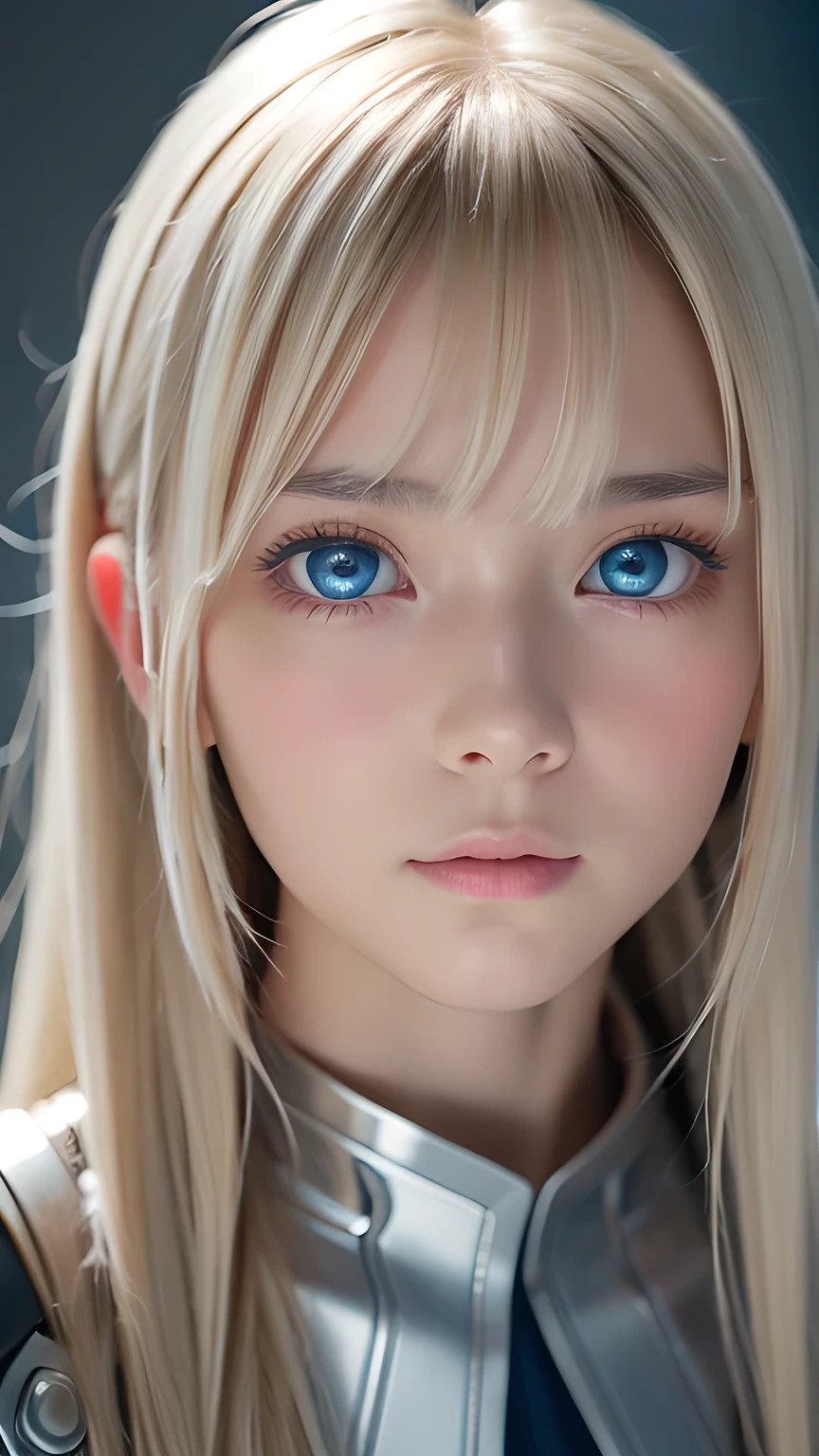 highest quality、8k Masterpiece、Ultra-high resolution、(Realistic:1.3)、RAW Photos、14 year old Scandinavian girl with shiny blonde hair、Silvery blonde hair、Super long straight hair、目とBangs between the eyes、bangs on the face、Bangs that cover the eyes、片Bangs that cover the eyes、Bangs between the eyes、White and glowing skin、1. Cyberpunk Super Beautiful Soldier、((Ultra-Realistic Details))、Portraiture、Global Illumination、Shadow Realm、Octane Rendering、8k、Ultra Sharp、Metal、Cool colors、、Very intricate detail、Realistic Light、Trends of the CG Association、so beautiful, Big bright blue eyes、Very big eyes、Eyes shining at the camera、Neon Details、Small Face Beauty、Round face、Cheek highlight