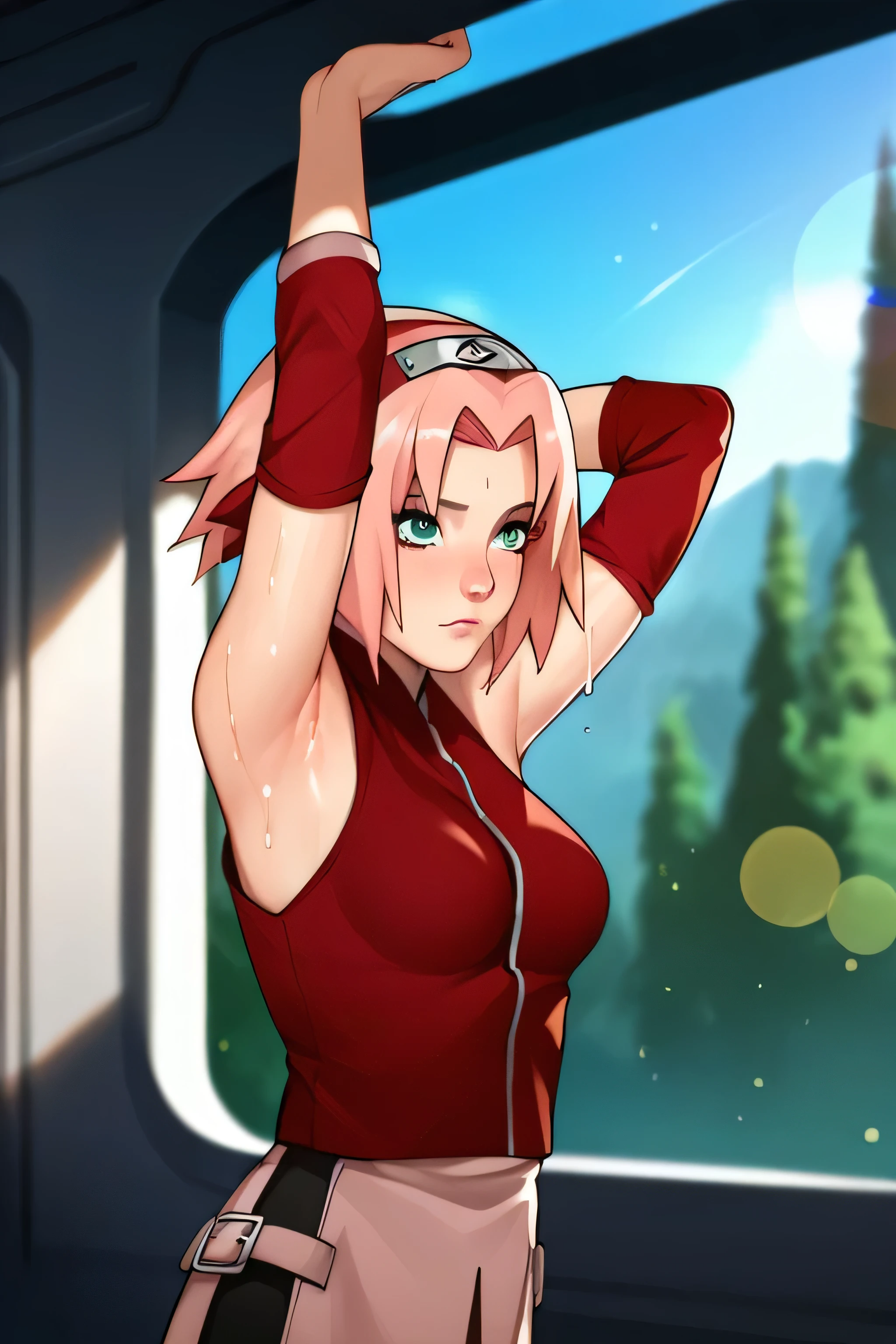 score_9,score_8_up,score_7_up,score_6_up,score_5_up,score_4_up BREAK skinny,choker,medium breasts,detached sleeves,outdoors,forest,shiny skin,bokeh,bloom,indoors,light particles,castle,space,1girl,haruno sakura,pink hair,short,hair,green eyes,forehead protector,armpits,arms up,armpit,sweaty armpit,arms behind head,awesome armpits,sweat,sweaty,exhausted,exhaustion