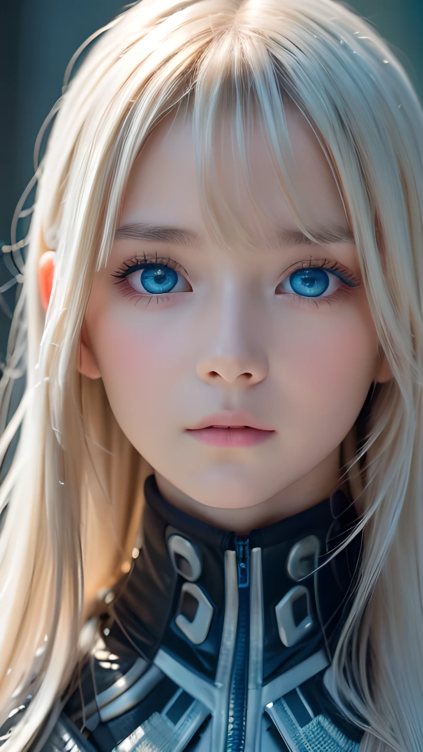 highest quality、8k Masterpiece、Ultra-high resolution、(Realistic:1.3)、RAW Photos、14 year old Scandinavian girl with shiny blonde hair、Silvery blonde hair、Super long straight hair、目とBangs between the eyes、bangs on the face、Bangs that cover the eyes、片Bangs that cover the eyes、Bangs between the eyes、White and glowing skin、1. Cyberpunk Super Beautiful Soldier、((Ultra-Realistic Details))、Portraiture、Global Illumination、Shadow Realm、Octane Rendering、8k、Ultra Sharp、Metal、Cool colors、、Very intricate detail、Realistic Light、Trends of the CG Association、so beautiful, Big bright blue eyes、Very big eyes、Eyes shining at the camera、Neon Details、Small Face Beauty、Round face、Cheek highlight