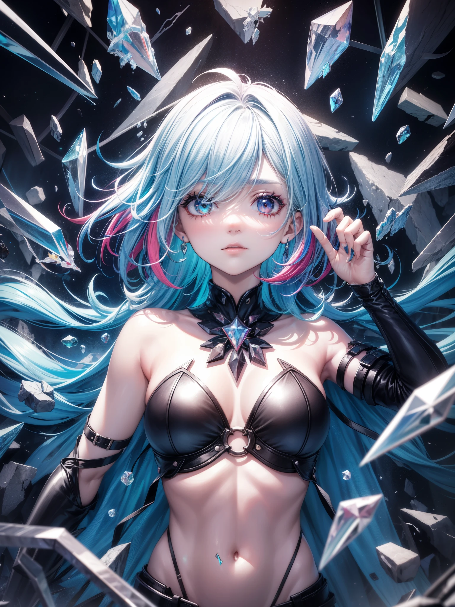 score_9, score_8_up, score_7_up, source_anime, 1girl, hskdmnd, crystal hair, colored eyelashes, multicolored hair, short hair, broken glass, reflection, upper body, shattered, crack, cracked skin, incrsxlcrystalhair, crystal hair, shiny hair