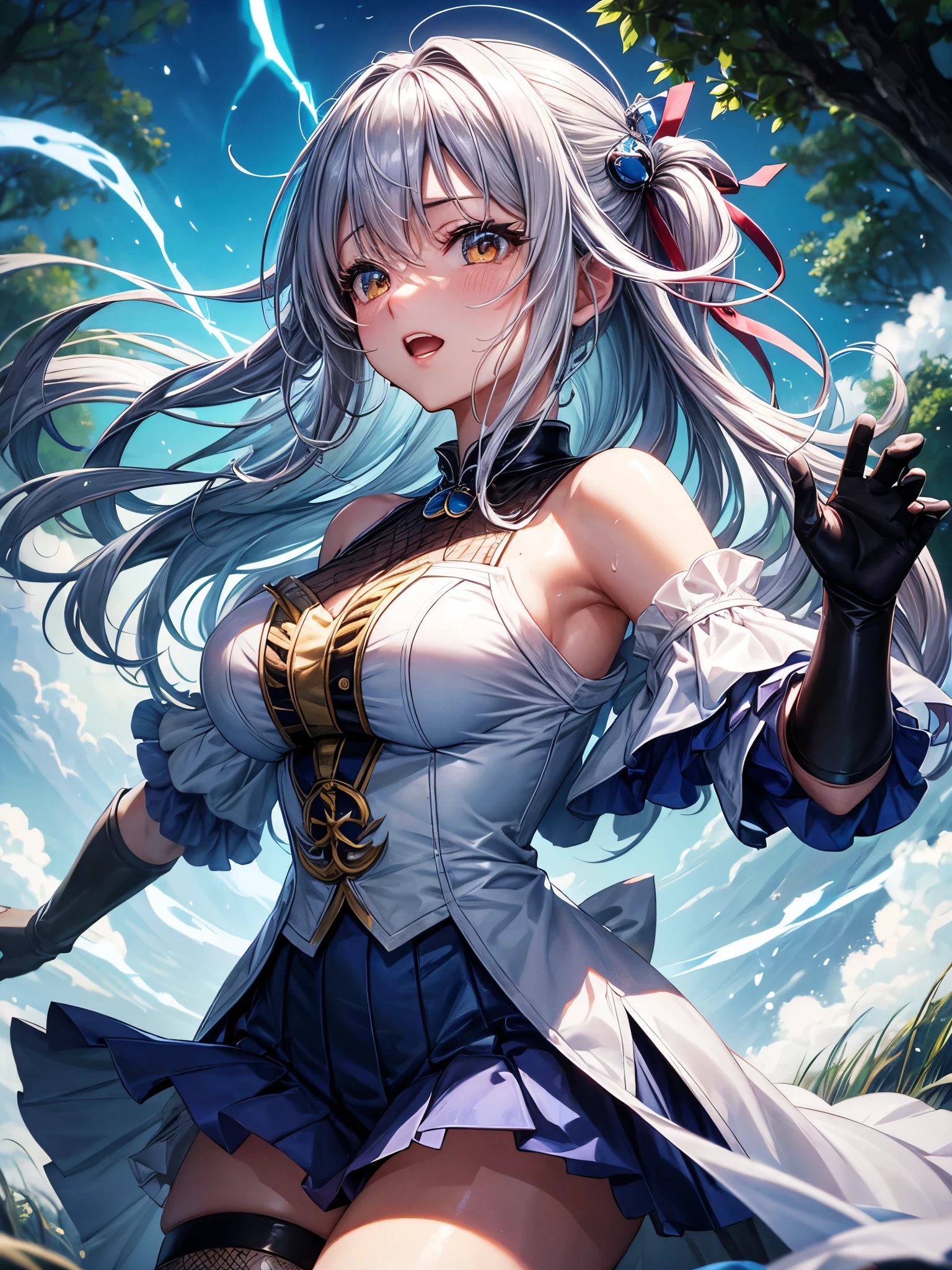 (highest quality)), ((masterpiece)), (Familiar), Perfect Face,Shiny skin,Beautiful breasts,how,Shiny skin、Kyoto Animation style painting、Sunburned skin、Sweat、Off the shoulder、Double teeth、Splash、fog、grassland、Martial Arts、Get Ready、Black gloves、Light blue clothes、Fishnet tightedium Hair、Chibi Character、Silver Hair、Survival knife、Raise one leg、thunder、magic、Shoots electricity from hands