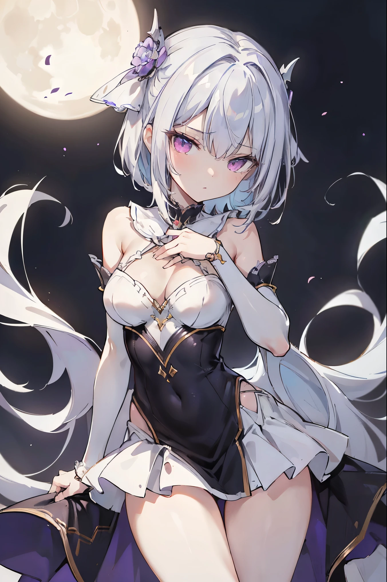 1girl, anime, cute girl, blank background, white background, fantasy, detailed fantasy dress with highlights, beautiful face, beautiful eyes, dark colors, black hair with multicolor streaks, red eye with different color pupil in eye, multicolor eye, medium breasts, slight cleavage, beautiful skin, cute, breast curtains, extremely delicate and beautiful, (beautiful detailed face:1.0), (detailed deep eyes), symmetrical breasts, deep eyes, shiny skin, portrait, slender waist, hips wider than shoulders, thighs, expressionless, young girl, luminous eyes, adorable,(Kpop idol),(aegyo sal:1),(Platinum blonde hair:1),((puffy eye)),Black panty,sexy posture,Superskirt, Ultra-high resolution,Black collar,slim figure, Abdominal y tattoo, womb tattoo,Tight-fitting leg ring,y tattoo on half-body,Bare skin, Armored hand,Hidden fingertips,Hand covered,Arm covered,Fist covered,{{beautiful detailed fingers}}, tufts of hair, moderate beautiful breast:1.0,(masterpiece:1.2), best quality, high-res, HDR, perfect face, intricate armor, delicate blue filigree, intricate filigree, red metalic parts, detailed part, dynamic pose, dynamic lights, cute face, neutral expression, shuimobysim, lotus, hanfu, maxi skirt, dress conservatively 1girl, solo, long blue hair, standing, One lady,14years,((White hair) ,((Normal breasts)), (Shiny purple bodysuit with microskirt),((Fantasy, Moon Night))