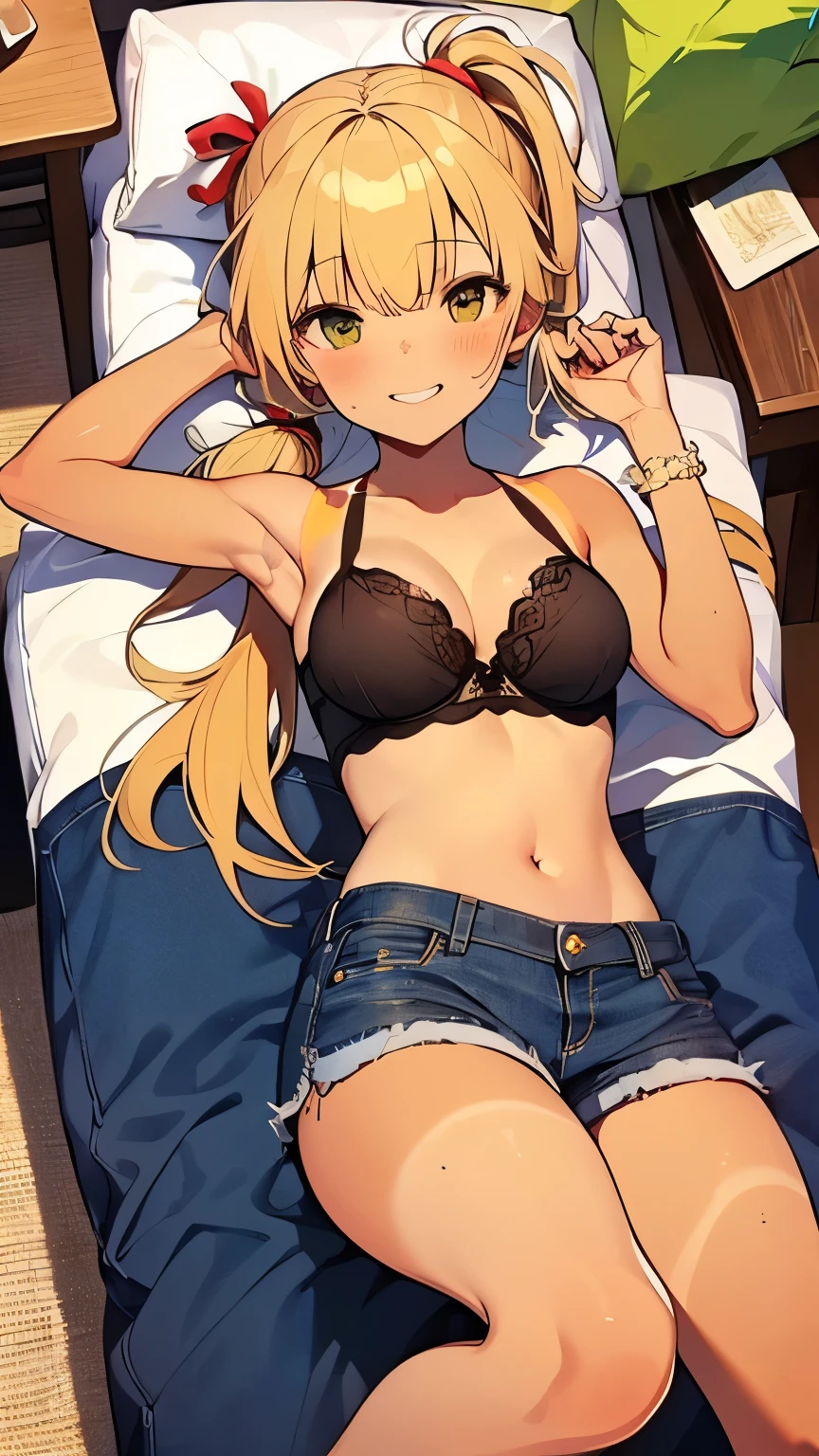 highest quality、Elementary school student bra、Beige shorts、Cute appearance、Stretch your legs in the room、Armpit sweat、Grass、Ecstasy face,(Attractive person), (girl1), (Highly detailed face, smile) , (日本のgirl), Slightly round face, (Tan brown face:1.6), cute, Big eyes、2D,highest quality,(masterpiece),(((Whole body image))),(((Head to toe on screen:1.2))),(extra long hair:1.6),(side ponytail:1.6),((yellow hair)),Healthy brown skin,((Denim Hot Pants are green in color)),Leather Belt,Pink-halter top,Shining bare feet,barefoot,Beautiful brown eyes,Attractive thighs,Sloppy body type,Bedroom,get drunk,Upward glance,cheeks are bright red,あざとcute,天使のようなsmile,A big smile,Close your eyes and laugh,Erotic look,Large drops of sweat all over the body,humid,Waistline、My Room、(Sleeping on your stomach:1.1),(Angle shot from directly above:1.2),Poses that accentuate the buttocks,Angle to emphasize the buttocks,Sole