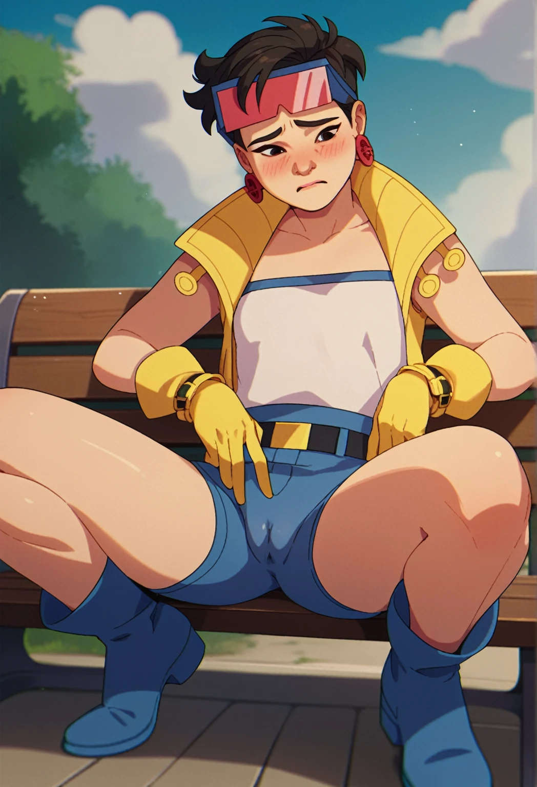 score_9, score_8_up, score_7_up, 1girl, solo, clamJBLee97, cJsunglasses, yellow gloves, small breasts, blue shorts, belt, blue boots, earrings squatting, cameltoe, sitting on bench, shy