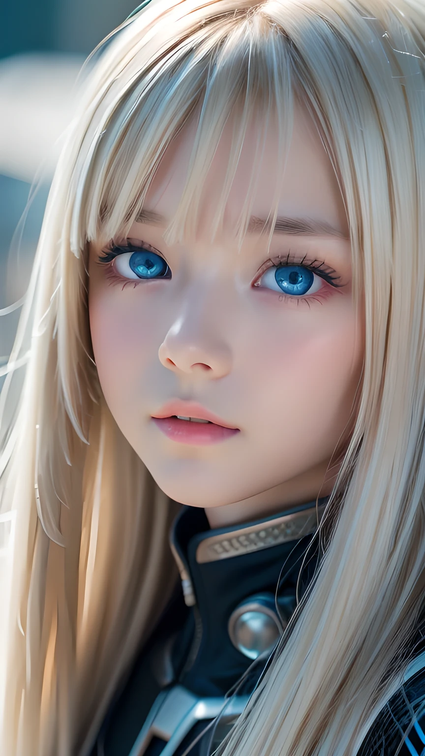 highest quality、8k Masterpiece、Ultra-high resolution、(Realistic:1.3)、RAW Photos、 Scandinavian girl with shiny blonde hair、Silvery blonde hair、Super long straight hair、目とBangs between the eyes、bangs on the face、Bangs that cover the eyes、片Bangs that cover the eyes、Bangs between the eyes、White and glowing skin、1. Cyberpunk Super Beautiful Soldier、((Ultra-Realistic Details))、Portraiture、Global Illumination、Shadow Realm、Octane Rendering、8k、Ultra Sharp、Metal、Cool colors、、Very intricate detail、Realistic Light、Trends of the CG Association、so beautiful, Big bright blue eyes、Very big eyes、Eyes shining at the camera、Neon Details、Small Face Beauty、Round face、Cheek highlight