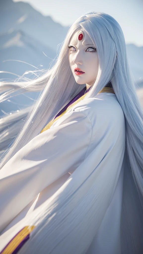 1girl, otsutsuki kaguya in anime naruto shippuden, long hair, white hair, white eyes, byakugan eyes, beautifull, white clothes, month background, ultra detail, realistic, red lips