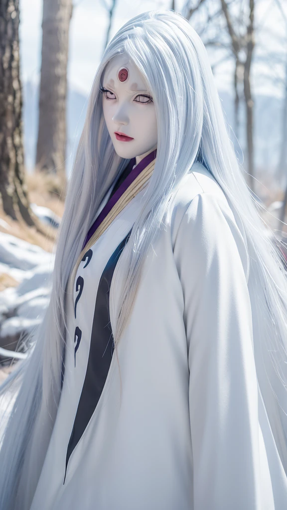 1girl, otsutsuki kaguya in anime naruto shippuden, long hair, white hair, white eyes, byakugan eyes, beautifull, white clothes, month background, ultra detail, realistic, red lips