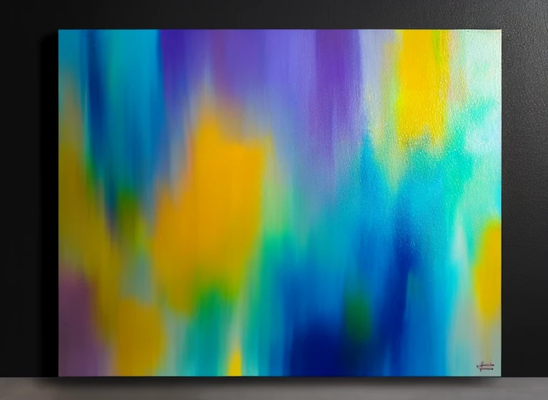 purple and yellow abstract painting of azaleas in bottom left corner of canvas, fade into dark background, modern painting