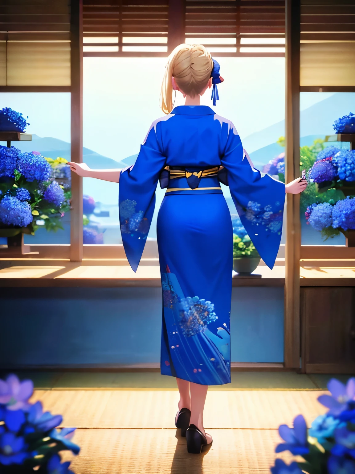 1woman,super beautiful,Facing backwards, camera angle from behind, photo from behind, looking away,Focus on hair,looking away,full body photo, blue kimono,short kimono,Blue flowers on the head,Blonde hair,blonde hair,bangs,hair in bun,one bun,Hair in a bun,ultra detail,ultra Hd, masterpiece,4k