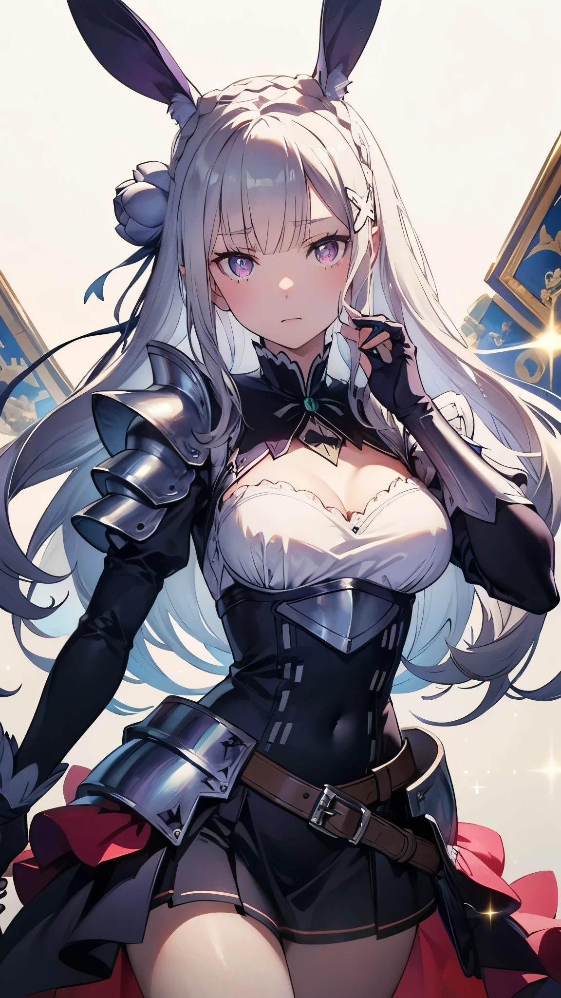 Emilia re:zero, purple eyes, Emilia, crown braid, x hair ornament, flower hair ornament, white hair, long hair, medium breasts, ((Best quality, 8k, Masterpiece: 1.3)), Sharp focus A beautiful woman with perfect body, Highly detailed face and skin texture, (Detailed eyes), rabbit ears, hime cut, white hair, hair bow, ribbon, pupils sparkling, tareme, (knight wearing steel armor), cowboy shot