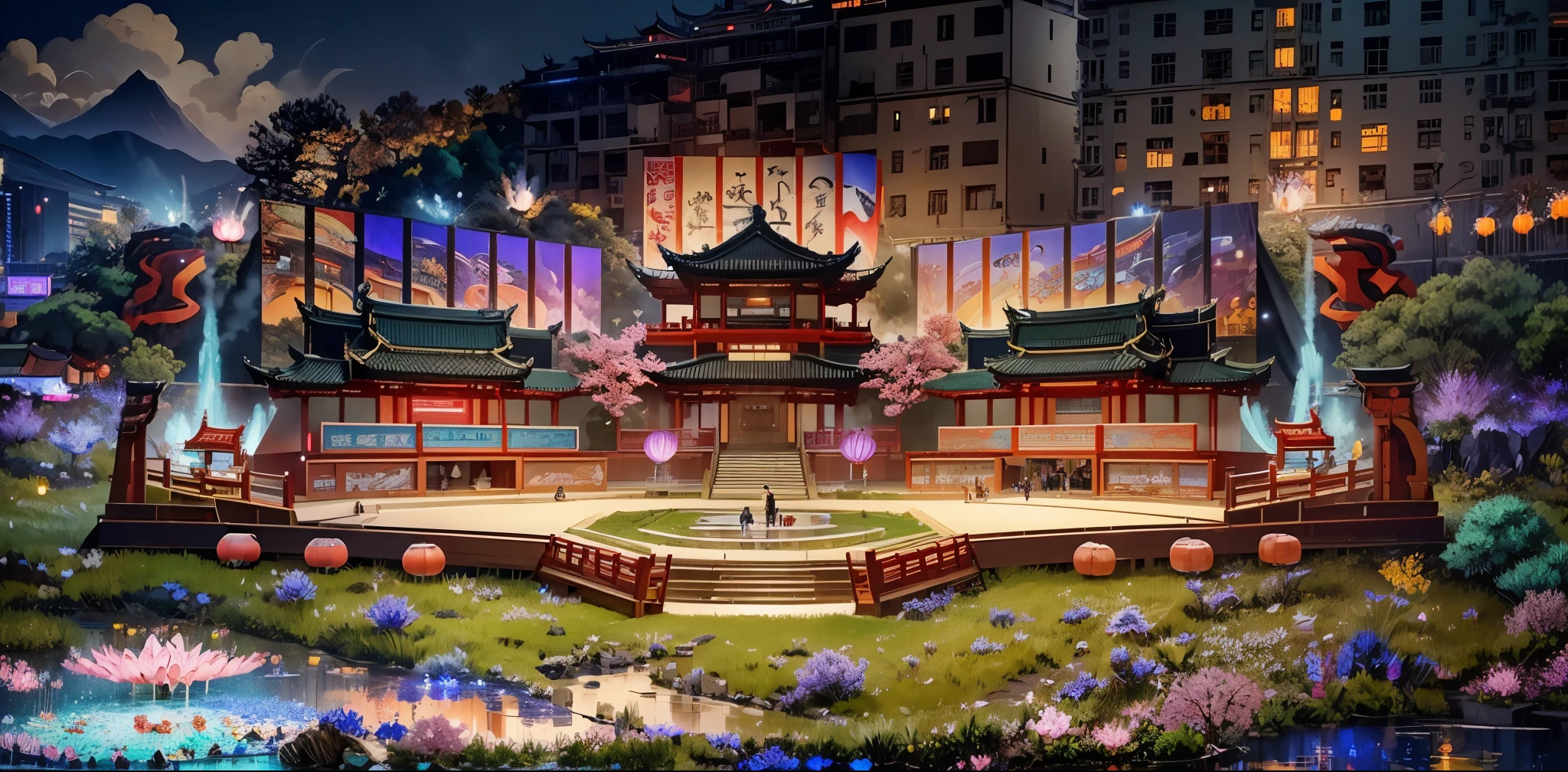 (high resolution,best quality,masterpiece:1.2) Creating an extraordinary open-air stage for Chinese opera in Wushan，Chinese Tang Dynasty，islands，Cherry blossoms and water lilies blooming at night，Large holographic display，image。The background is a tall building、Mountains、Dark Sky。Grand New Year Fireworks Show, Colorful fireworks display, Energetic, 捕捉现场Energetic的氛围 , Perfectly capture the intricate details of every exploding firework, Professional photography, Bright colors, Clear focus, A true portrait of stunning fireworks, Light up the night sky, Show the beauty of celebration, magnificent artistic depiction , Capturing the essence of the festive spirit, Carefully created works, Use studio lighting to highlight fireworks, Clever use of bokeh creates a dreamy and captivating atmosphere, Amazing fireworks display, Bring the excitement and joy of New Year celebrations to life.