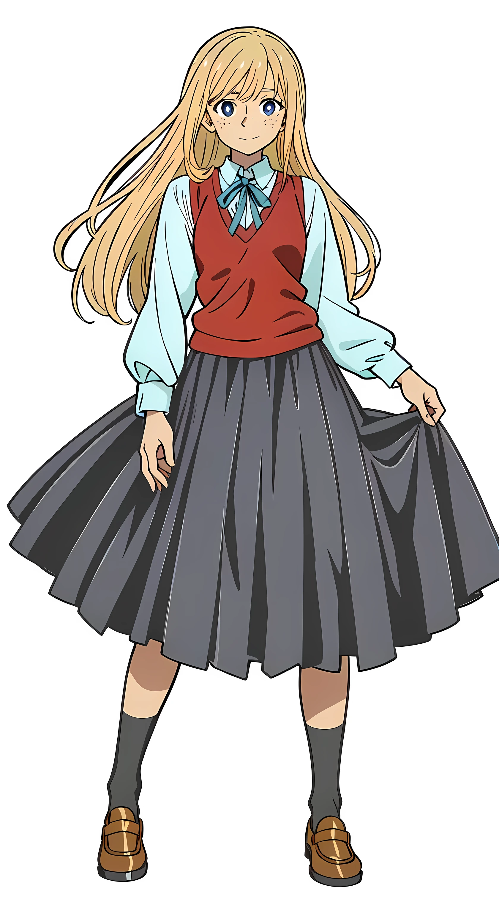 (best quality:1.0), (masterpiece:1.0), (super fine illustration:1.0), (beautiful artwork:1.0), (anime screencap:1.0), (official art:1.0), (european:1.0), (cheerful:1.0), (white background:1.0), (best quality:1.0), (masterpiece:1.0), (super fine illustration:1.0), (beautiful artwork:1.0), (anime screencap:1.0), (official art:1.0), (solo:1.0), (european:1.0), (a 18yo cute girl:1.0), (long skirt:1.0), (black skirt:1.0), (pleated skirt:1.0), (red knit vest:1.0), (white long sleeve collared shirt:1.0), (blue neck ribbon:1.0), (loafers:1.0), (black socks:1.0), (ideal ratio body proportions:1.0), (lanky:1.0), (tall:1.0), (slender:1.0), (small breasts:1.0), (smaller face:1.0), (tareme:1.0), (freckles:1.0), (detailed beautiful eyes:1.0), (detailed beautiful face:1.0), (glowing blue eyes:1.0), (long hair:1.0), (swept bangs:1.0), (blonde hair:1.0), (standing:1.0), (looking at viewer:1.0)