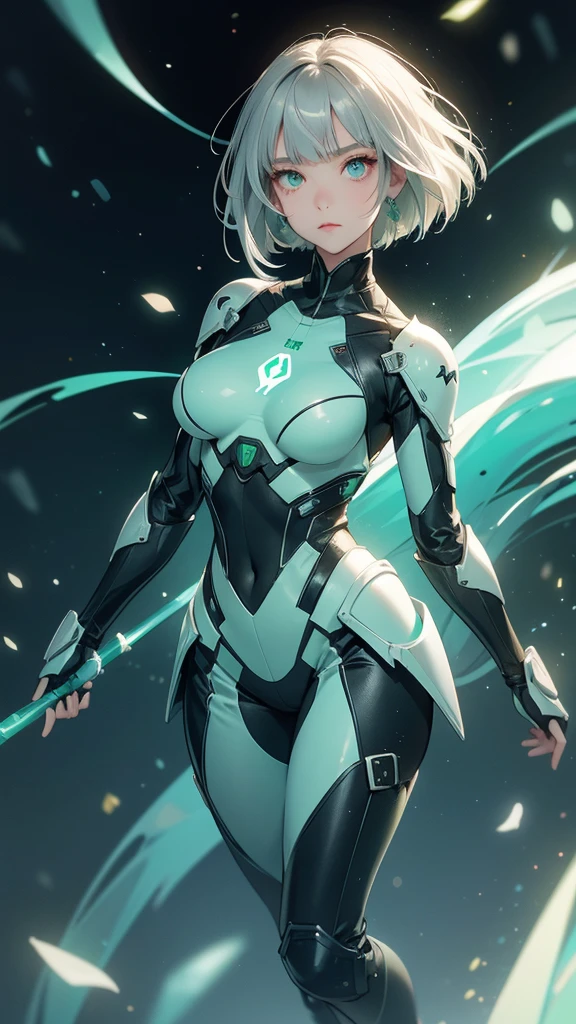 solo female, full body, medium silver hair, bangs covering one eye, dark hair, bob cut, light green eyes, emotionless expression, perfect face, bodysuit armor, glowing parts