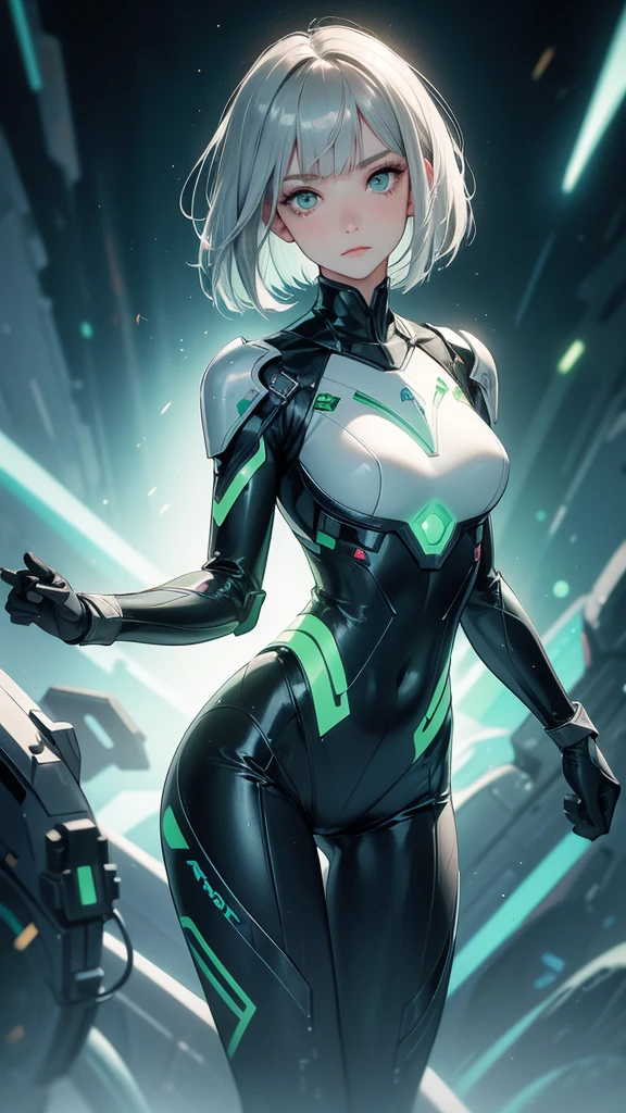 solo female, full body, medium silver hair, bangs covering one eye, dark hair, bob cut, light green eyes, emotionless expression, perfect face, bodysuit armor, glowing parts