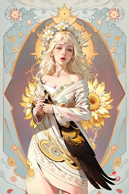 Official Art, Unified 8k Wallpaper, Ultra Detailed, Beautiful Beauty, Beautiful, Masterpiece, Best Quality, (Zentangle, Mandala, Tangled, Entangle), (Flower Ecstasy: 1.2) Dynamic Angle, Cowboy Shot, The Most Beautiful Chaotic Forms, Elegance, Fauvist Design, Bright Colors, Romanticism, Atmosphere, Golden Crow, Sun God, Feathers, Fire,