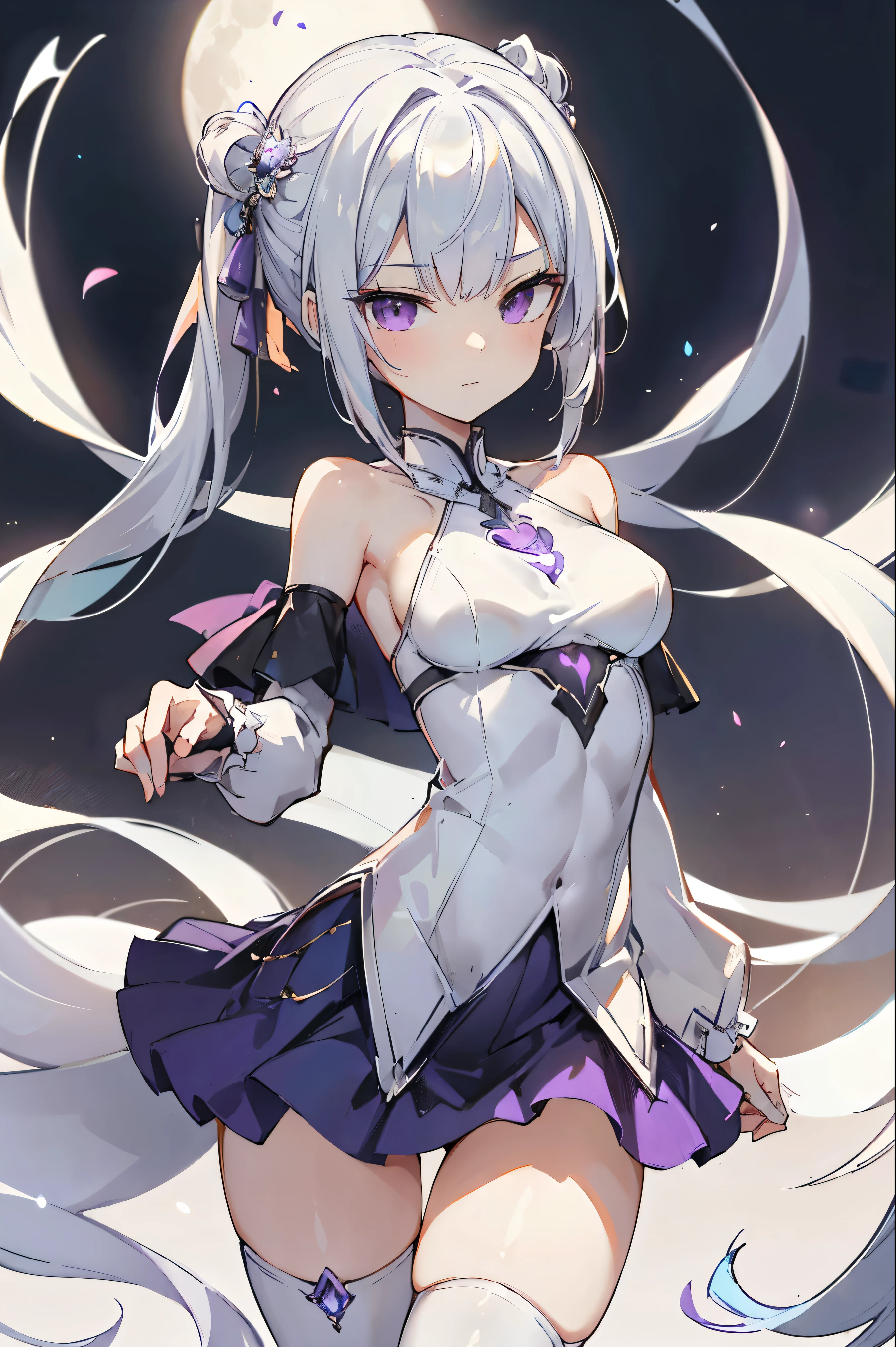 1girl, anime, cute girl, blank background, white background, fantasy, detailed fantasy dress with highlights, beautiful face, beautiful eyes, dark colors, black hair with multicolor streaks, red eye with different color pupil in eye, multicolor eye, medium breasts, slight cleavage, beautiful skin, cute, breast curtains, extremely delicate and beautiful, (beautiful detailed face:1.0), (detailed deep eyes), symmetrical breasts, deep eyes, shiny skin, portrait, slender waist, hips wider than shoulders, thighs, expressionless, young girl, luminous eyes, adorable,(Kpop idol),(aegyo sal:1),(Platinum blonde hair:1),((puffy eye)),Black panty,sexy posture,Superskirt, Ultra-high resolution,Black collar,slim figure, Abdominal y tattoo, womb tattoo,Tight-fitting leg ring,y tattoo on half-body,Bare skin, Armored hand,Hidden fingertips,Hand covered,Arm covered,Fist covered,{{beautiful detailed fingers}}, tufts of hair, moderate beautiful breast:1.0,(masterpiece:1.2), best quality, high-res, HDR, perfect face, intricate armor, delicate blue filigree, intricate filigree, red metalic parts, detailed part, dynamic pose, dynamic lights, cute face, neutral expression, shuimobysim, lotus, hanfu, maxi skirt, dress conservatively 1girl, solo, long blue hair, standing, One lady,14years,((White hair) ,((Normal breasts)), (Shiny purple bodysuit with microskirt),((Fantasy, Moon Night))