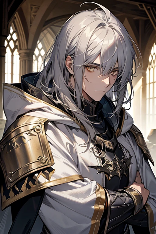 male, messy silver medium length hair with bangs, yellow eyes, adult face, adult, white hood and shroud, breast plate armor, handsome, medieval fantasy, ruins, sorcerer, looking at viewer