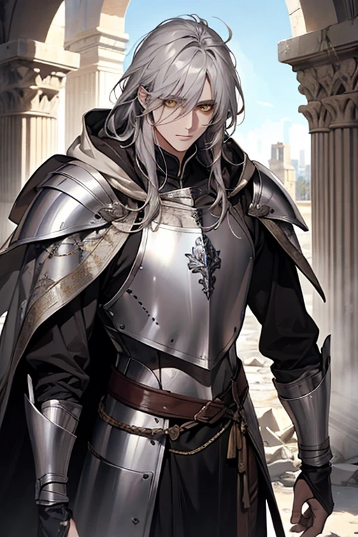 male, messy silver medium length hair with bangs, yellow eyes, adult face, adult, white hood and shroud, breast plate armor, handsome, medieval fantasy, ruins, sorcerer, looking at viewer