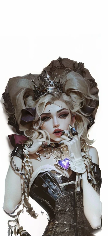 there is the singer Madonna with a heart tied with strings, a cowboy hat on the front, and a crown on the head, usando um corset preto cravejado de pequenos brilhantes, retrato de uma rainha do pop Madonna, rainha junker de overwatch, inspirado em Madonna, inspirado em Rainha do pop, inspired by musical show, personagem de fantasia hiperdetalhado, inspirado em cantora madonna, identical to Madonna, inspirado em artista Madonna. TRANSFIRMAR EM IMAGEM REALISTA DA CANTORA MADONNA preservar identidade e formato originais. Renderizar figura