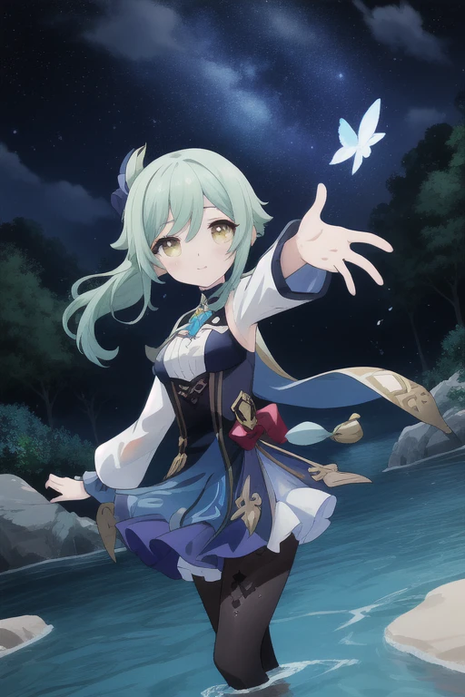 nilou(genshin impact), truly beautiful girl, perfect face, wet glittering green hair, brilliant jewelry eyes, slender body, wearing well designed yellow dress,
playing in a night oasis, wet, splash water, dancing, turning, having fun,
open air, marvelous nightscape, brilliant blue moonlight, twinkling stars, breeze, transparent water, reflection, fluttering hair, fluttering skirt,soon sunrise,
{(masterpiece, best quality), (absurdres absolutely resolution), (8k), (detailed illustration), (super fine illustration), (vibrant colors), (professional lighting), detailed beatiful face, detailed beatiful eyes, detailed beatiful hair, nice hands, perfect hands, detailed background, dynamic pose, dutch angle, cowboy shot, (shooting from front:1.4)},shine colorful, AddXL, full body