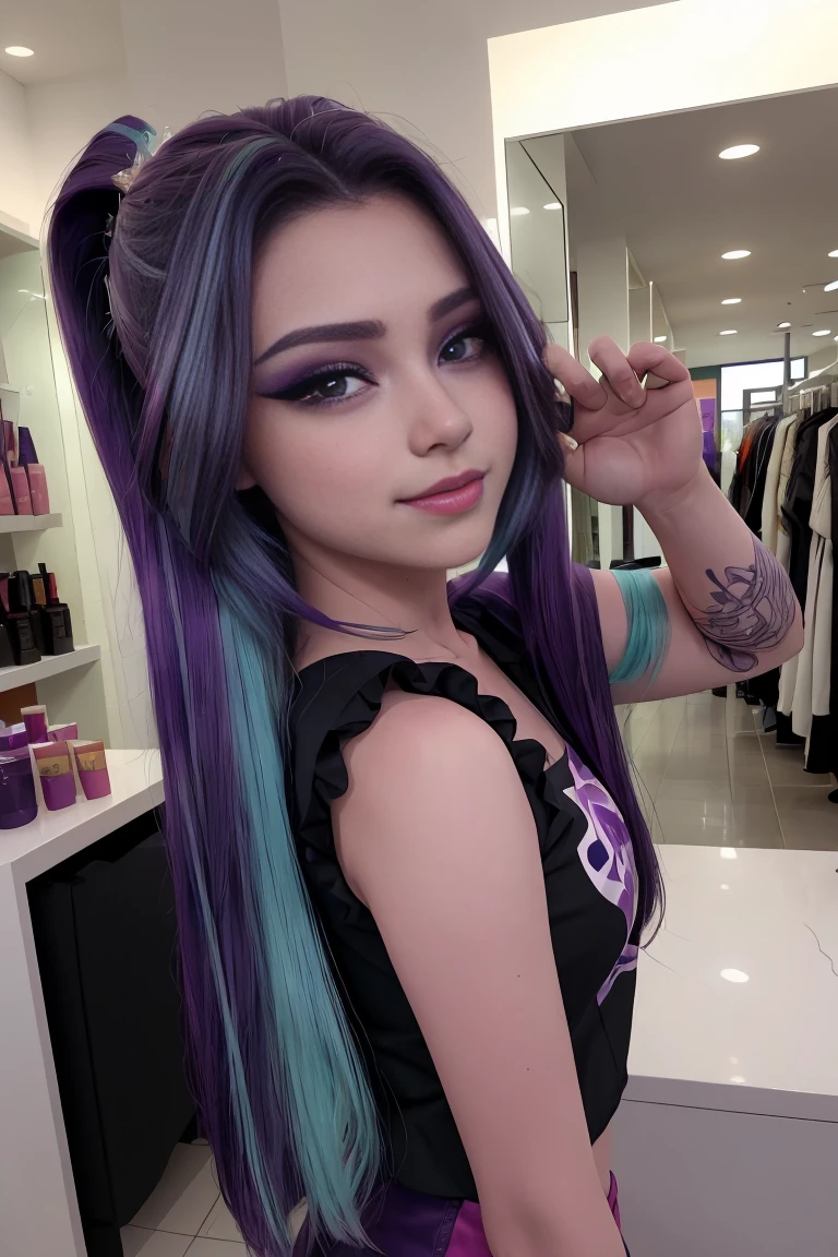 (Obra maestra, La mejor calidad:1.2), solamente, 1 chica , hermosa chica adolecente , modelo adolecente , Caucasian , mlp Aria Blaze , senos grandes ,sonrisa presumida , maquillaje , labios rojos , 17 years , hermosa chica adolescente , Modelo adolescente , ojos color purpura , tienda , afuera es de noche , cabello color morado con mechas color turqueza , pelo color morado con mechas color turqueza con coletas , foto de cuerpo completo , mlp , cabello azul turquesa , outfit sexy , peinado de coletas