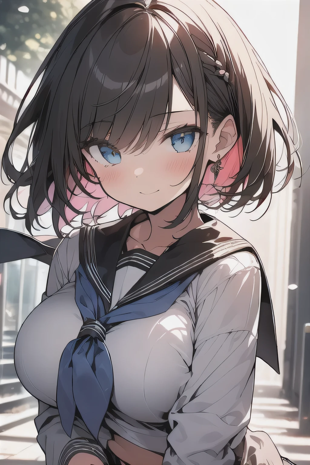 (best quality), (Super detailed), (Best Illustration), (masterpiece), (), (woman), {(white serafuku lift:1.2), show off breast}, (large breasts:1.2), {brown hair, (sideburns), (bob cut:1.3), curly hair, hairs betw eyes, colored inner hair}, {(detailed eyes), blue eyes}, blush, earring, wind, ruin city, Botanical Garden