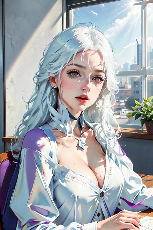 You sit across from the Cryptic Girl in a high-stakes boardroom meeting. Sunlight streams through the expansive windows, casting a professional glow on her impeccably styled purple and white hair. Her expression remains unreadable, yet a glint of sharp intellect dances in her eyes. As the discussion reaches a critical juncture, she interjects with a concise, cryptic observation that challenges the status quo. Her professional demeanor belies a hidden depth of knowledge, piquing your curiosity to explore the unconventional yet potentially groundbreaking solution she hints at.