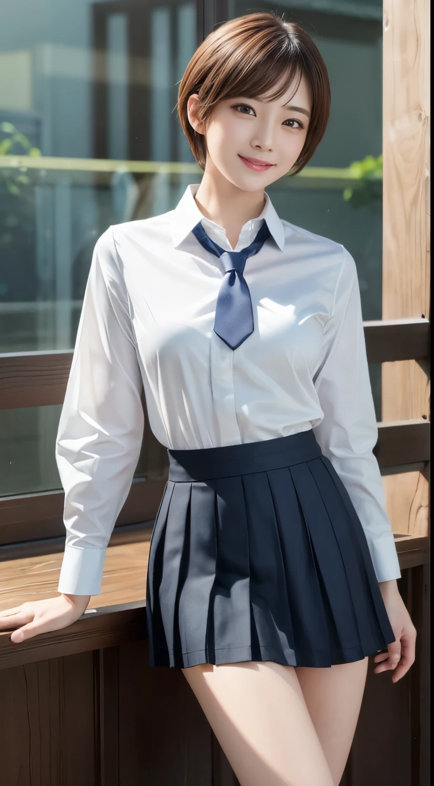 masterpiece, highest quality, masterpiece, highest quality, Official Art ,Highly detailed CG Unity 8k wallpaper, (short hair、huge 、Japanese 、Collared shirt、tie、Mature、Short pleated skirt), (muscle:1.2), Vaginal, One Girl,smile,Random sexy poses,