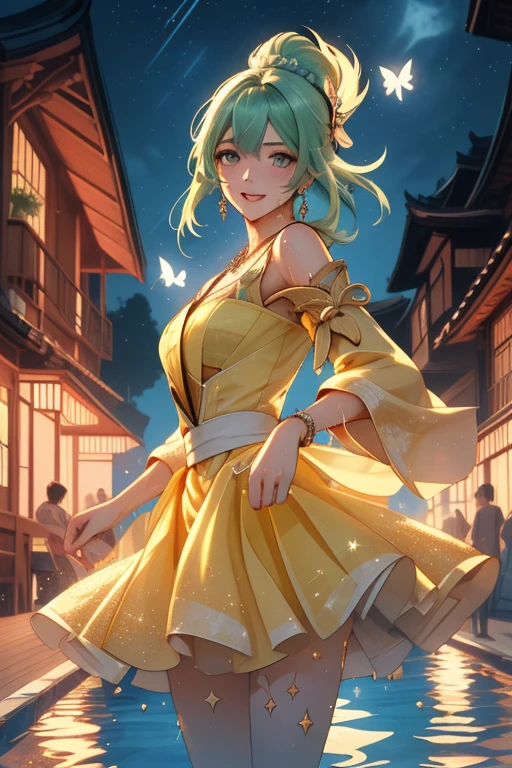 nilou(genshin impact), truly beautiful girl, perfect face, wet glittering green hair, brilliant jewelry eyes, slender body, wearing well designed yellow dress,
playing in a night oasis, wet, splash water, dancing, turning, having fun,
open air, marvelous nightscape, brilliant blue moonlight, twinkling stars, breeze, transparent water, reflection, fluttering hair, fluttering skirt,soon sunrise,
{(masterpiece, best quality), (absurdres absolutely resolution), (8k), (detailed illustration), (super fine illustration), (vibrant colors), (professional lighting), detailed beatiful face, detailed beatiful eyes, detailed beatiful hair, nice hands, perfect hands, detailed background, dynamic pose, dutch angle, cowboy shot, (shooting from front:1.4)},shine colorful, AddXL, full body