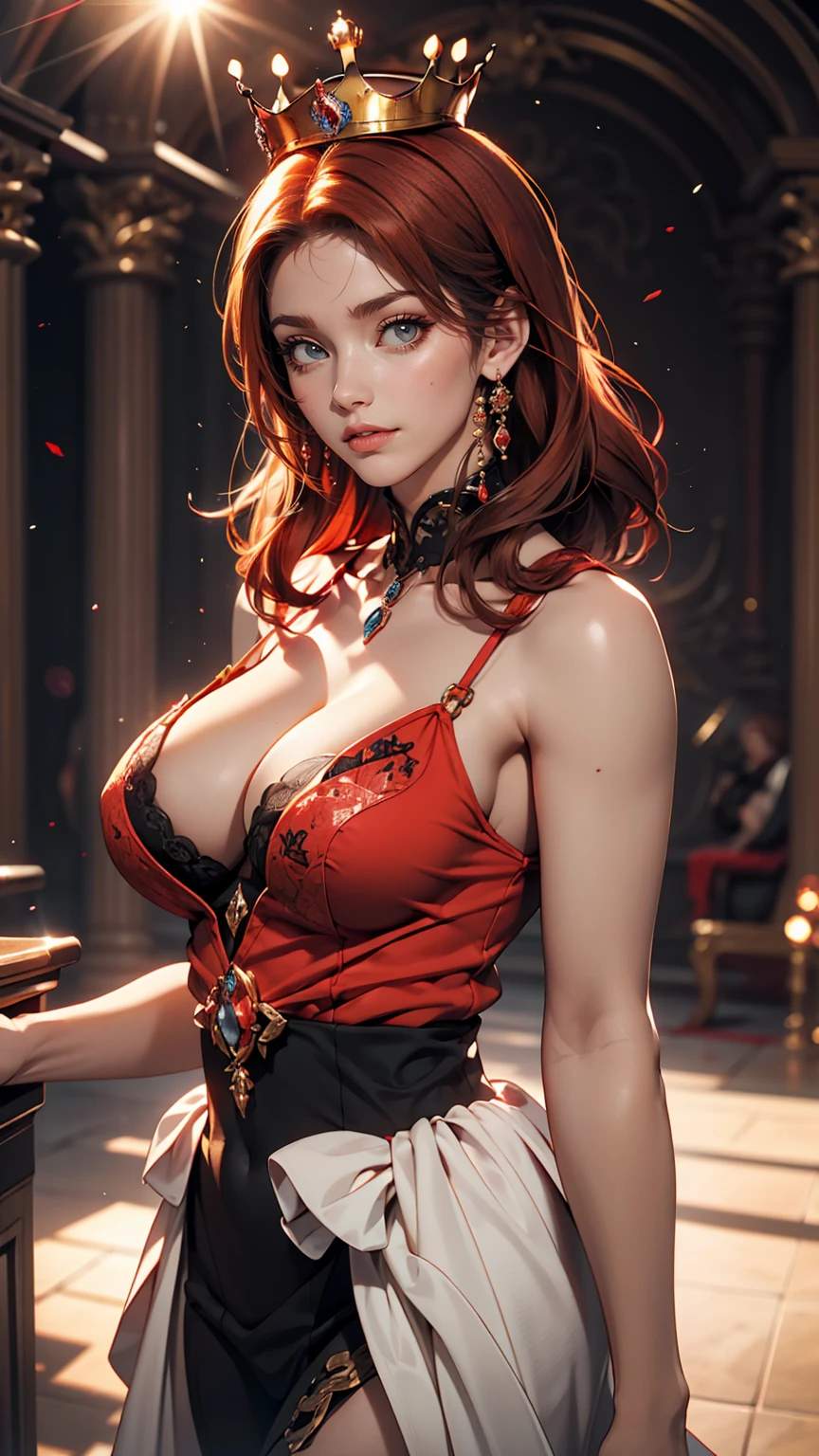 Blood-eyed Princess of Darkness, Redhead, Crown, Sexy body、Cleavage Emphasis、nice smile, Anime Style, Lens flare, High detail, First Person View, Cinema Lighting, masterpiece, Super detailed, highest quality, 8k, Ultra-high resolution