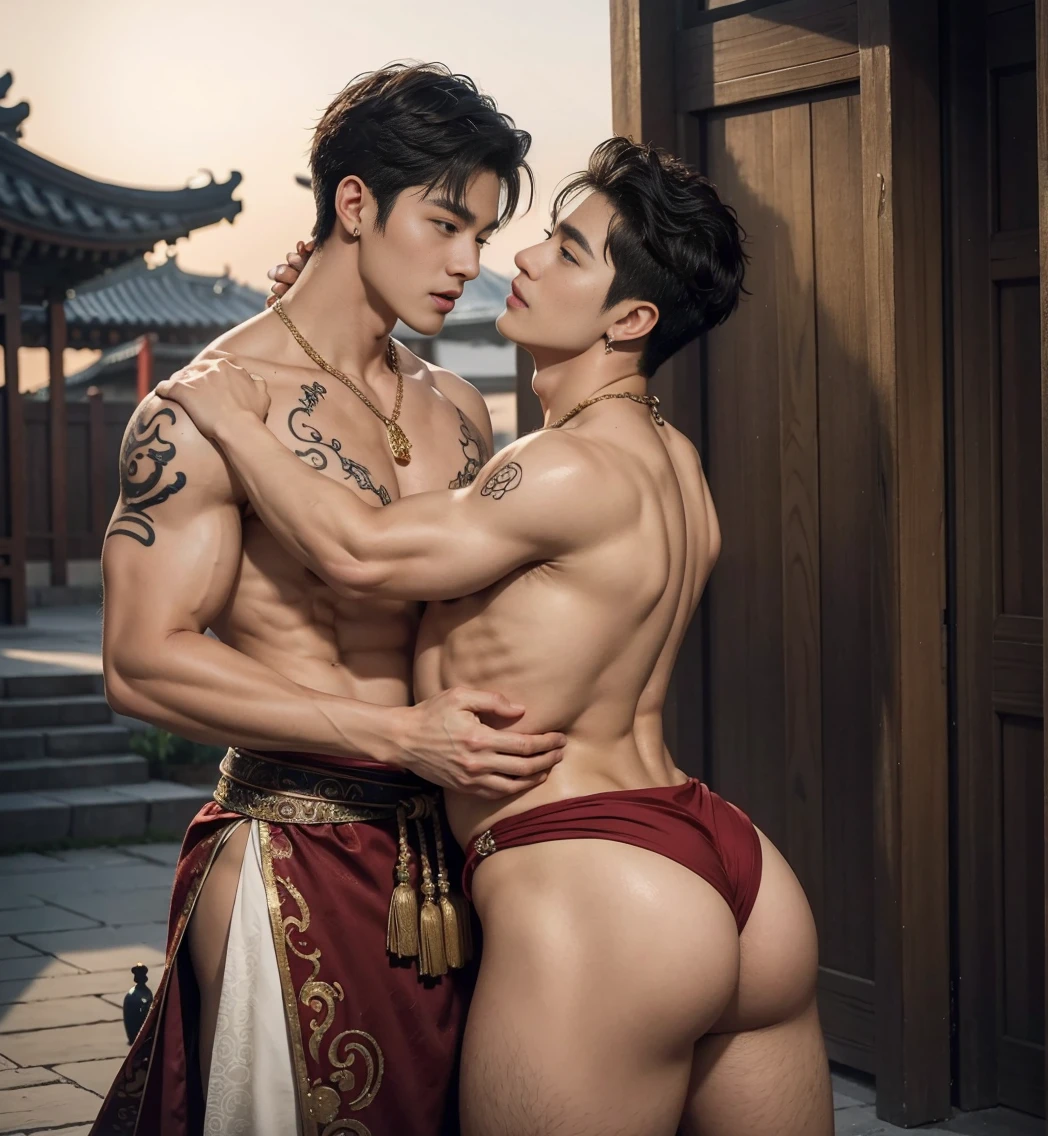 Two  handsome boys kiss, Smile at each other, striking ,Embrace, kiss, touch lips, cuddle, Romantic,skin to skin, 中國male神, myth, Practical, Chinese Odyssey, Super handsome,male子气概,  Korean Idol, handsome korean actor, 20 years old,, Delicate face, male子气概 jawline, male子气概 chin, Detailed messy curly hair styling,  Topless, muscle, Swelling of chest muscles，Busty athlete body, Full frame,Full body shot, Sexy, Practical, Human skin,Rough real skin， Professional studio lighting, Red long Tibetan outfit, Full of jade and gold pendants , Jewelry details on the dress, earrings,Chinese temple background,outdoor, Ultra detailed background,Looking at the camera ,  open mouth,  Under the loincloth underwear, warrior, Hanfu red wedding dress,  male, Nobel Prize, seduce , Bare chest , tattoo chest, tattooed arms, tattoo hand, tattoo back, Tattooed legs , detailed tattoo, Big juicy ass, Bare butt，Perfect hand details