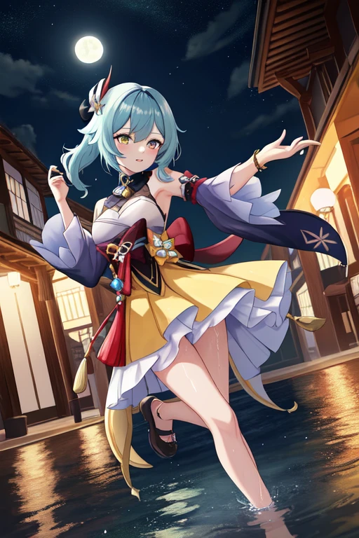 nilou(genshin impact), truly beautiful girl, perfect face, wet glittering green hair, brilliant jewelry eyes, slender body, wearing well designed yellow dress,
playing in a night oasis, wet, splash water, dancing, turning, having fun,
open air, marvelous nightscape, brilliant blue moonlight, twinkling stars, breeze, transparent water, reflection, fluttering hair, fluttering skirt,soon sunrise,
{(masterpiece, best quality), (absurdres absolutely resolution), (8k), (detailed illustration), (super fine illustration), (vibrant colors), (professional lighting), detailed beatiful face, detailed beatiful eyes, detailed beatiful hair, nice hands, perfect hands, detailed background, dynamic pose, dutch angle, cowboy shot, (shooting from front:1.4)},shine colorful, AddXL, full body
