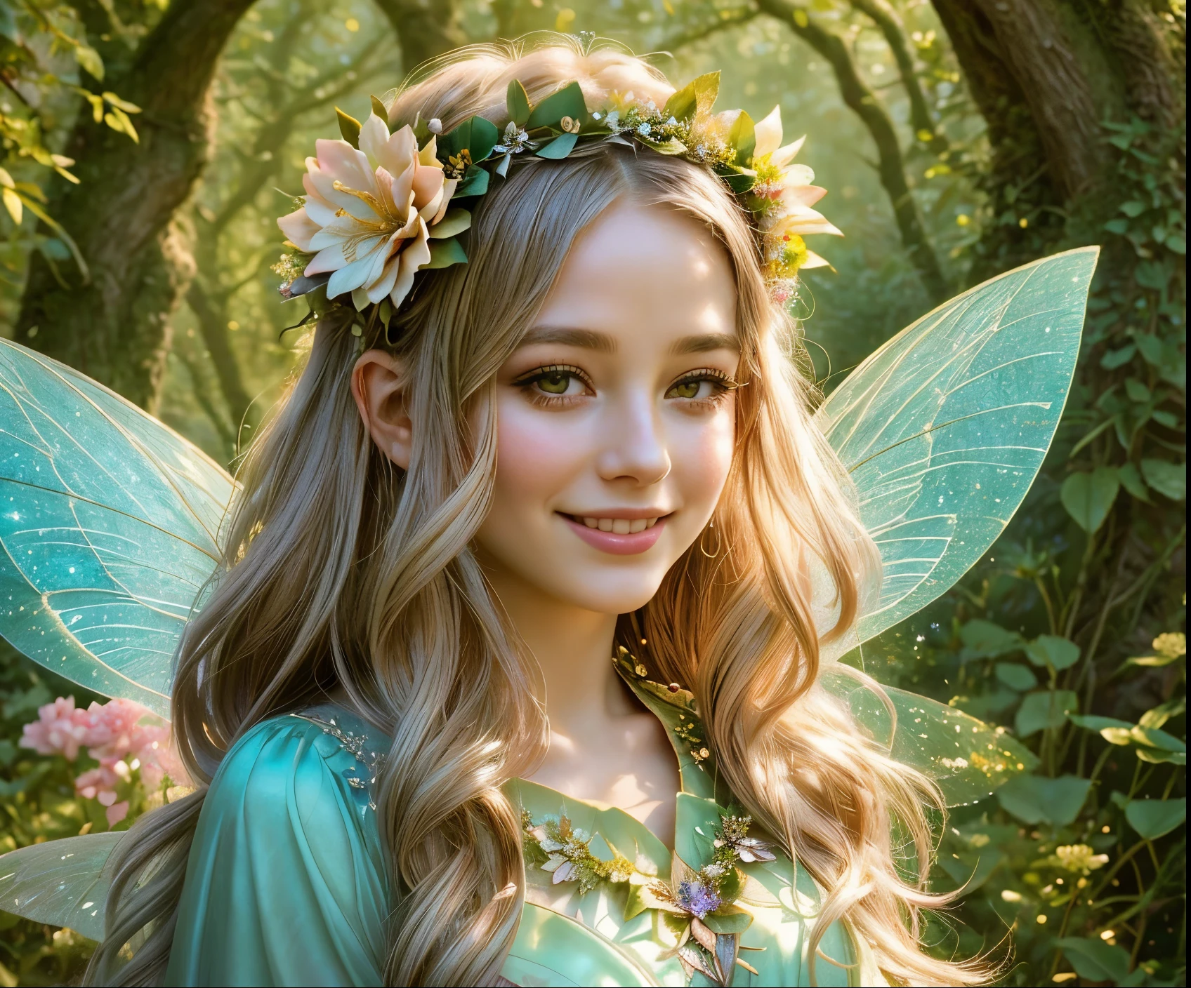 a close up of a woman with a flower crown on her head, fairy look, portrait of a fairy, fairy aesthetics, portrait of fairy, beautiful  fairy, beautiful fairy, faerie, beautiful fairie, beautiful  fairy queen, fairy queen, fairy magnificent, portrait of fairy woman, portrait of fairy princess, smiling as a queen of fairies, ethereal beauty
