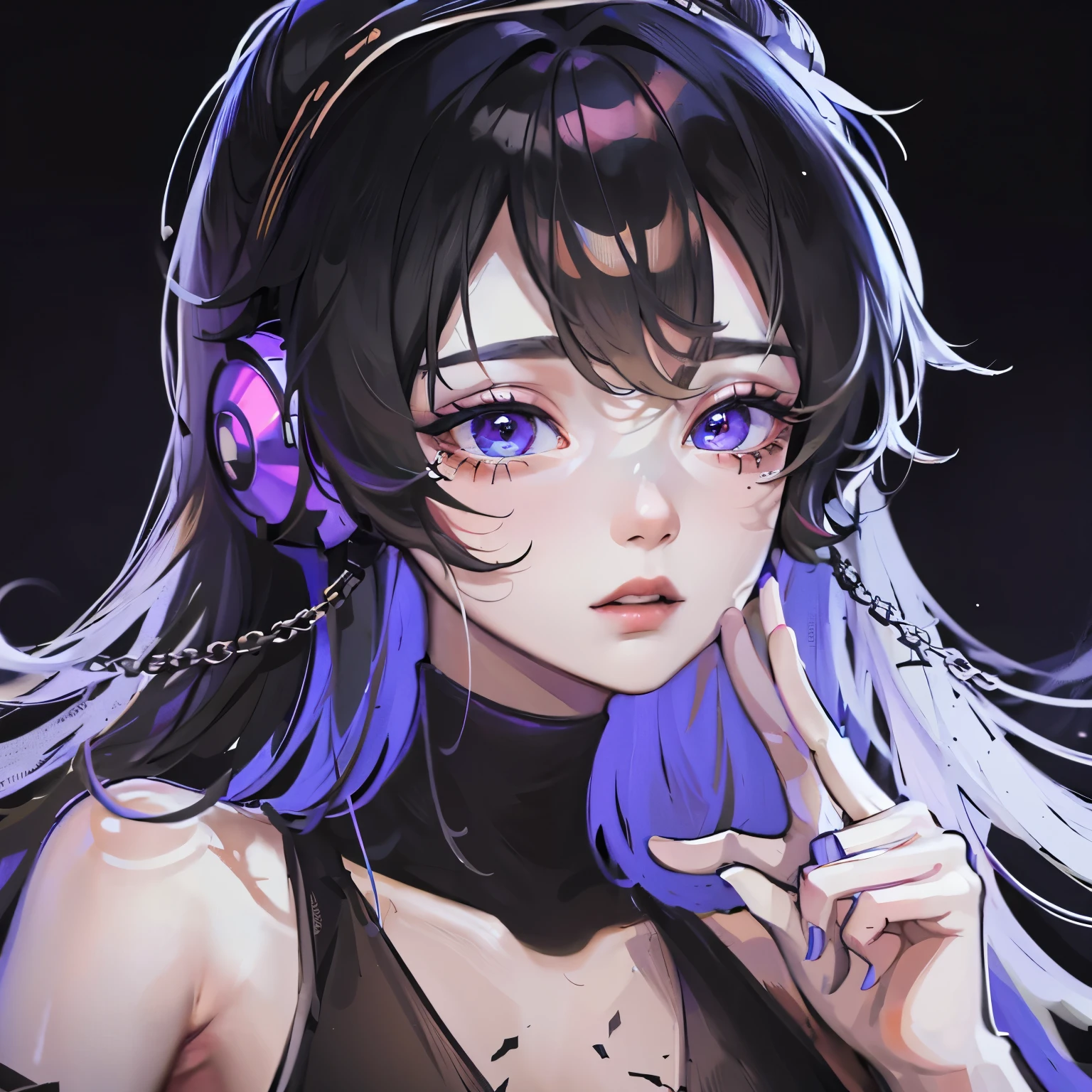 1 girl, masterpiece, best quality, 8K, Delicate skin texture, Fine fabric texture, Beautiful and delicate face, Intricate details, Super detailed,Upper Body，Wearing black headphones，Black Hair，blue eyes，Wear a clavicle chain
