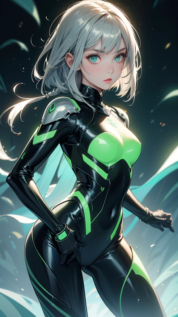 solo female, full body, long silver hair, dark hair, bob cut, light green eyes, emotionless expression, perfect face, bodysuit armor, ambar glowing parts