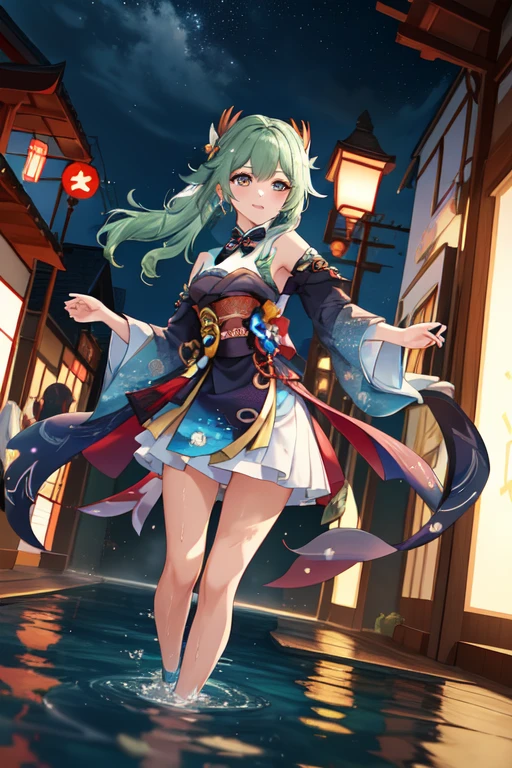 nilou(genshin impact), truly beautiful girl, perfect face, wet glittering green hair, brilliant jewelry eyes, slender body, wearing well designed yellow dress,
playing in a night oasis, wet, splash water, dancing, turning, having fun,
open air, marvelous nightscape, brilliant blue moonlight, twinkling stars, breeze, transparent water, reflection, fluttering hair, fluttering skirt,soon sunrise,
{(masterpiece, best quality), (absurdres absolutely resolution), (8k), (detailed illustration), (super fine illustration), (vibrant colors), (professional lighting), detailed beatiful face, detailed beatiful eyes, detailed beatiful hair, nice hands, perfect hands, detailed background, dynamic pose, dutch angle, cowboy shot, (shooting from front:1.4)},shine colorful, AddXL, full body