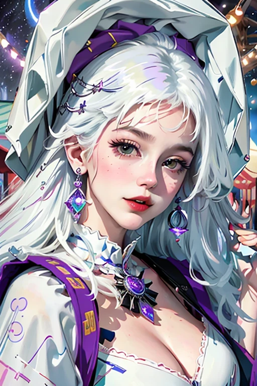 You and the Cryptic Girl stand amidst the flashing lights and joyous chaos of a carnival at night. Cotton candy clouds drift overhead, mirroring the cotton candy hues of her purple and white hair as it whips in the wind. She leans close, her voice barely audible above the cacophony, speaking in riddles about the secrets hidden within the fortune teller's tent. A playful glint lights up her typically indifferent eyes, hinting at a hidden sense of adventure. Will you follow her lead and delve into the carnival's cryptic underbelly, or will you try to decipher the real mystery behind her captivating facade