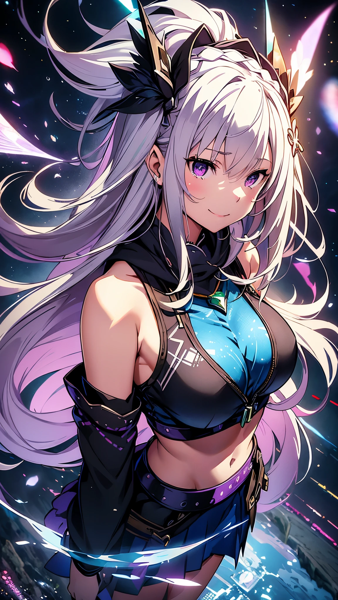 Emilia re:zero, purple eyes, Emilia, crown braid, x hair ornament, flower hair ornament, white hair, long hair, medium breasts, 最high quality、Best image quality、masterpiece、girl((18-year-old、 By becoming、Best Bust、Medium Bust,Wide open breast tea、Silver Hair、Disheveled Hair、Long Hair、thin,The highest valley、Open chest、Luminous Wristbands、smile、hair ornaments、luminous necklace、Black sleeveless hoodie(1:2)、Blue short skirt、Angle from directly above、Disheveled clothing、Show the whole body,Cutting quickly)),high quality、Beautiful art、background((Cosmic))、Flight、Flying debris、Written boundary depth、movie、Visual Arts、Perfect art、8K,Genuine、