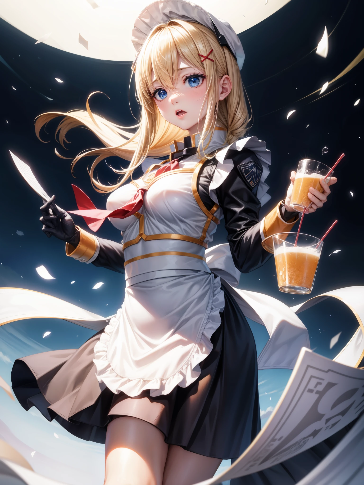 source_anime、highest quality、(solo:1.3)、Diner、White of the eyes、Suduni、mature、Curvaceous、Galaxy Skin、1 girl、bald、mouth no、No ears、Shiny white eyelasheedium breast、hud_wttress、Collared shirt、skirt、neckerchief、garrison cap、apron、Cleavage、、tray、Milkshake 、BREAK score_9、score_8_up、score_7_up、score_6_up、score_5_up、