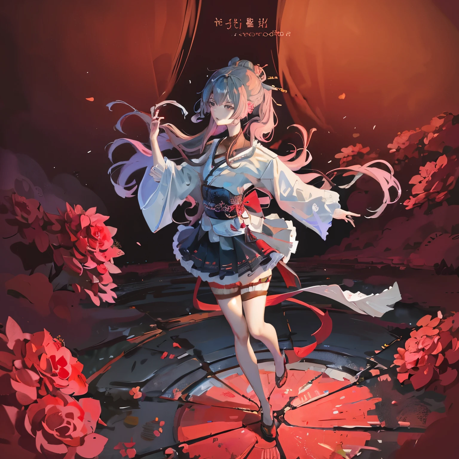 Wearing a red and black dress、Anime girl with red flowers in her hair, Artwork in the style of Guweiz, guweiz, Chinese Girl, Popular on cgstation, Cute anime girl in a beautiful skirt, guweiz on pixiv artstation, palace ， Girl wearing Hanfu, Beautiful digital artwork, guweiz on artstation pixiv