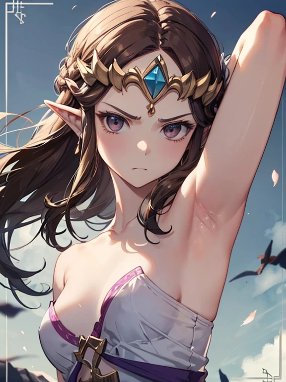 Show your armpits、Princess Zelda,masterpiece、Ultra-precision、And soul、solo、Displeased expression、Twilight Princess、Absolute reference to the center、Face in detail、Half naked、Dark brown hair、More adult、More exposure、