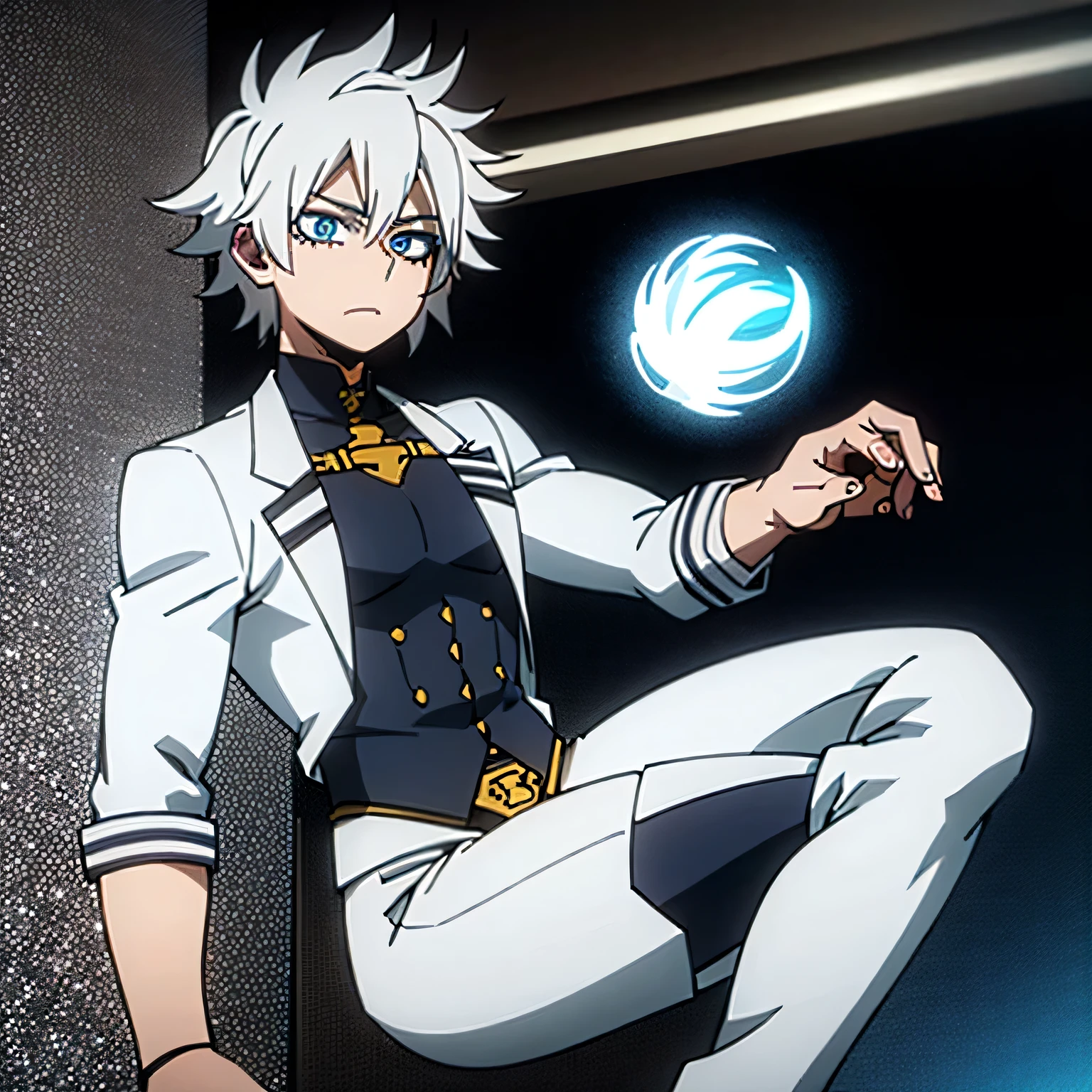 1boy, muscular chest, short hair, white hair, blue eyes, white jacket, white fur on the shoulder, blue pants, boots, ice