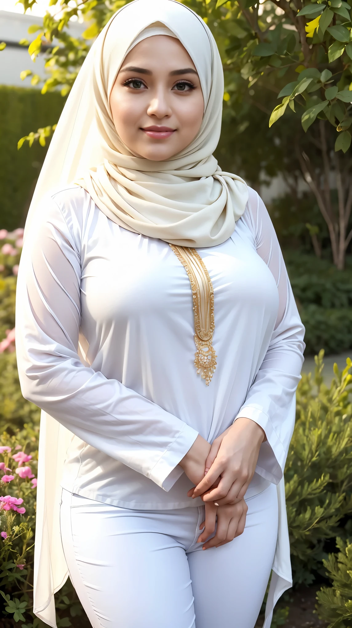 (Close Up),RAW, Best quality, high resolution, masterpiece: 1.3), beautiful Malay woman in hijab,Masterpiece, perfect fit body,big breast, big gorgeous eyes, Soft smile,beautiful face,thick thighs, a close up of a woman wearing a white shirt and black pants, white hijab, hijab, lovely woman, dilraba dilmurat, handsome girl, lovely smile, cute beautiful, portait photo profile picture, with lovely look, with accurate face, inspired by Shaddy Safadi, in white clothes , located in flower garden, Excellent lighting, Bright colors, Clean lines