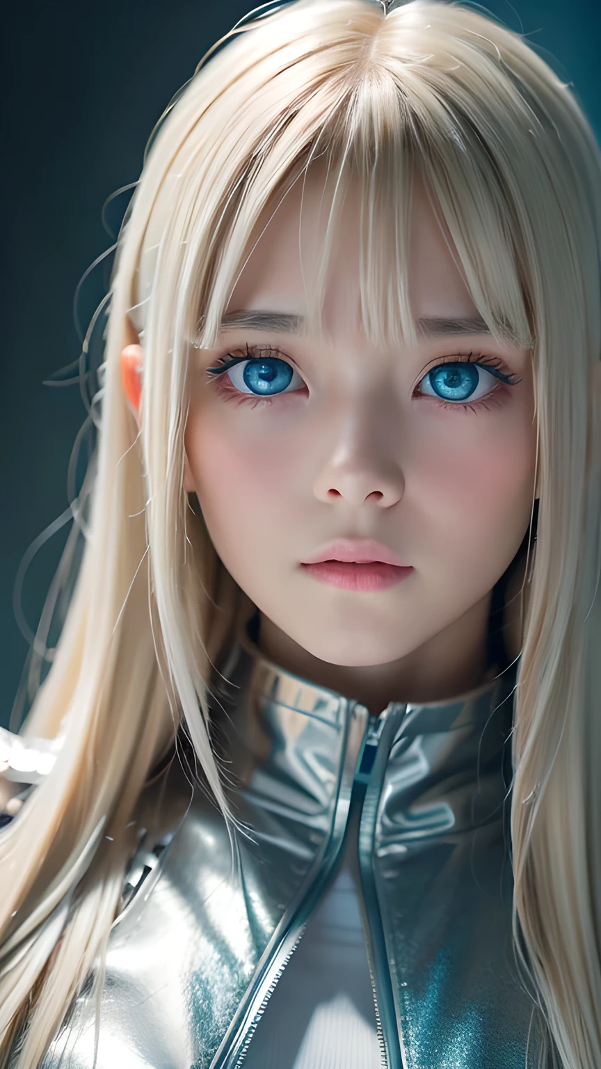highest quality、8k Masterpiece、Ultra-high resolution、(Realistic:1.3)、RAW Photos、14 year old Scandinavian girl with shiny blonde hair、Silvery blonde hair、Super long straight hair、目とBangs between the eyes、bangs on the face、Bangs that cover the eyes、片Bangs that cover the eyes、Bangs between the eyes、White and glowing skin、1. Cyberpunk Super Beautiful Soldier、((Ultra-Realistic Details))、Portraiture、Global Illumination、Shadow Realm、Octane Rendering、8k、Ultra Sharp、Metal、Cool colors、、Very intricate detail、Realistic Light、Trends of the CG Association、so beautiful, Big bright blue eyes、Very big eyes、Eyes shining at the camera、Neon Details、Small Face Beauty、Round face、Cheek highlight