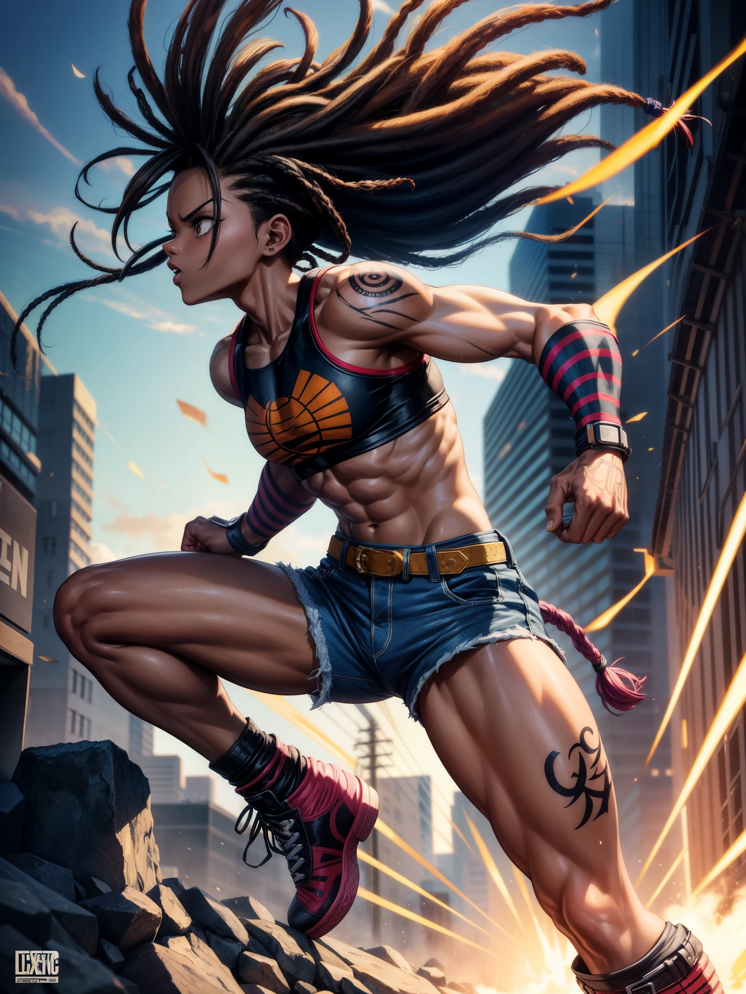 (side angle) candid, breathtaking, grunge style manga style African American martial artist with dreadlocks, powering up in a mighty pose in the inner city, DBZ style, Toei style, negativeXL_D, art by Hirohiko Araki, vibrant, high-energy, detailed, iconic, Japanese comic style, textured, distressed, vintage, edgy, punk rock vibe, dirty, noisy, award-winning, professional, highly detailed