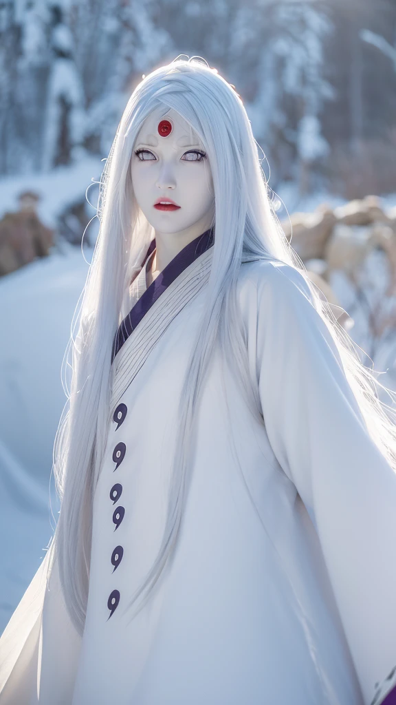 1girl, otsutsuki kaguya in anime naruto shippuden, long hair, white hair, white eyes, byakugan eyes, beautifull, white clothes, month background, ultra detail, realistic, red lips