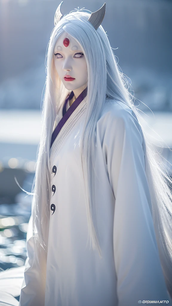 1girl, otsutsuki kaguya in anime naruto shippuden, long hair, white hair, white eyes, byakugan eyes, beautifull, white clothes, month background, ultra detail, realistic, red lips